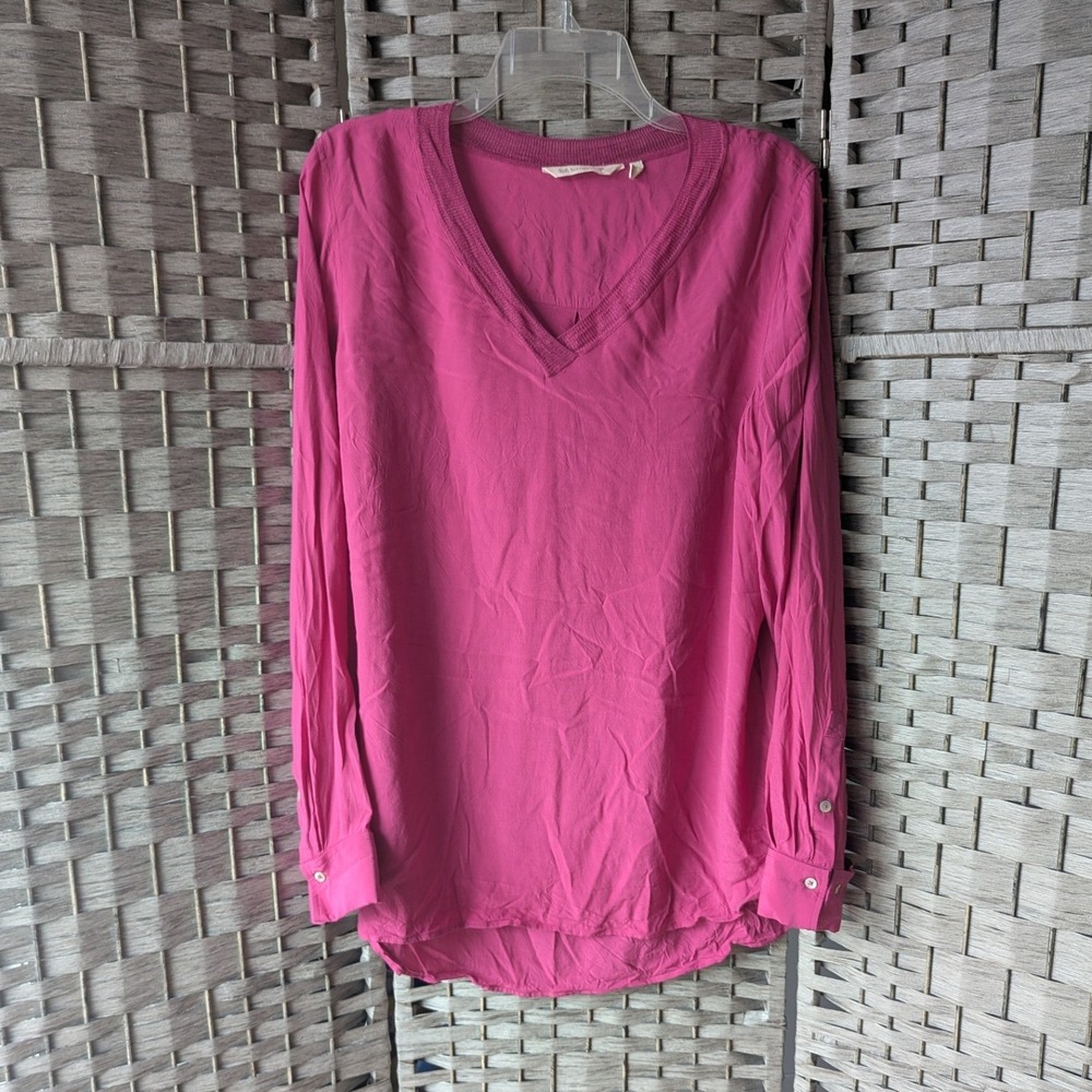 Soft Surroundings Blouse Top Pink V-Neck Viscose Long Sleeve Mesh Trim‎ Sz L EUC